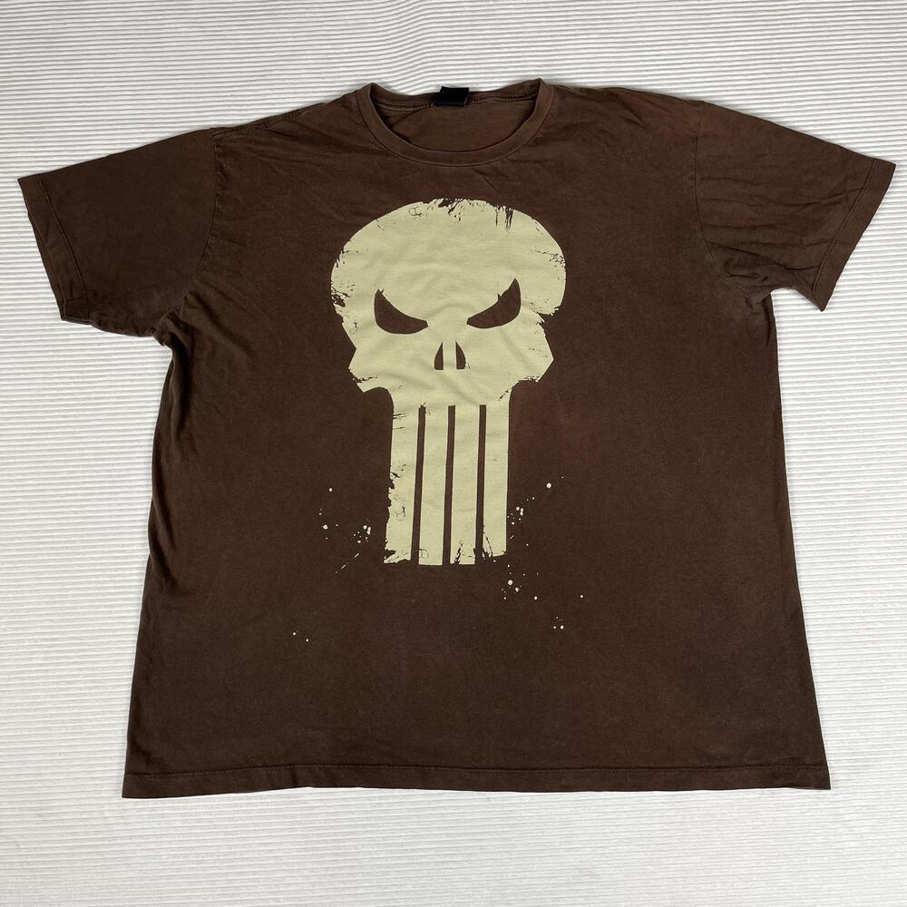 Y2k 00's Marvel Shirt Mens XL Brown Punisher Skull Graphic Tee Mad Engine Comics